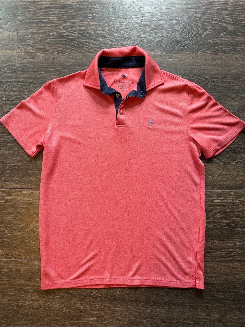 Tailorbyrd Boy’s Coral-Red Polo with Navy Contrast Collar, Size Large 14/16